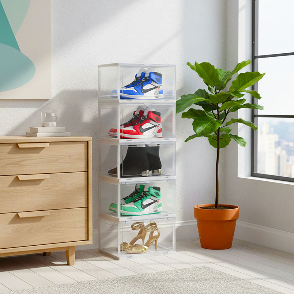 SOGA 5 Tier Transparent Portable Shoe Organiser Sneaker Footwear Folding Plastic Bin Stackable Storage Box with Magnetic Door