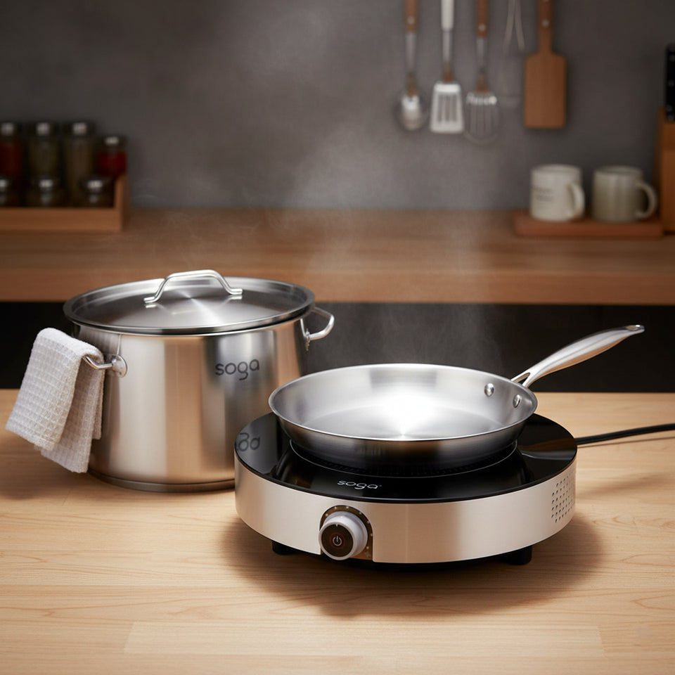 SOGA Kitchenware Bundle – 26cm Smart Induction Cooktop, Stainless Fry Pan & 9L Stock Pot