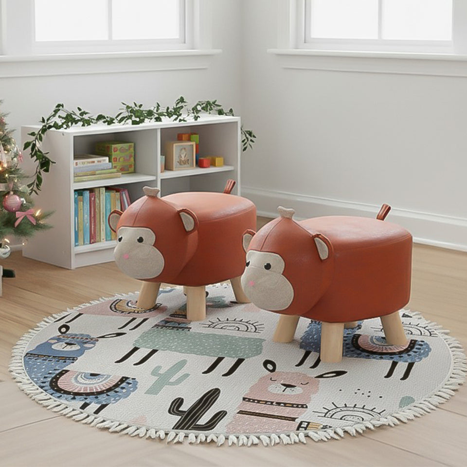 SOGA Home & Living Bundle – 2 Orange Monkey Children’s Ottoman & Alpaca Cactus Pattern Rug