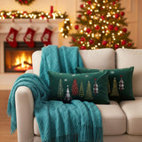 SOGA Christmas Bundle – 2 Dark Green Christmas Forest Lumbar Pillow & Teal Knitted Throw Blanket