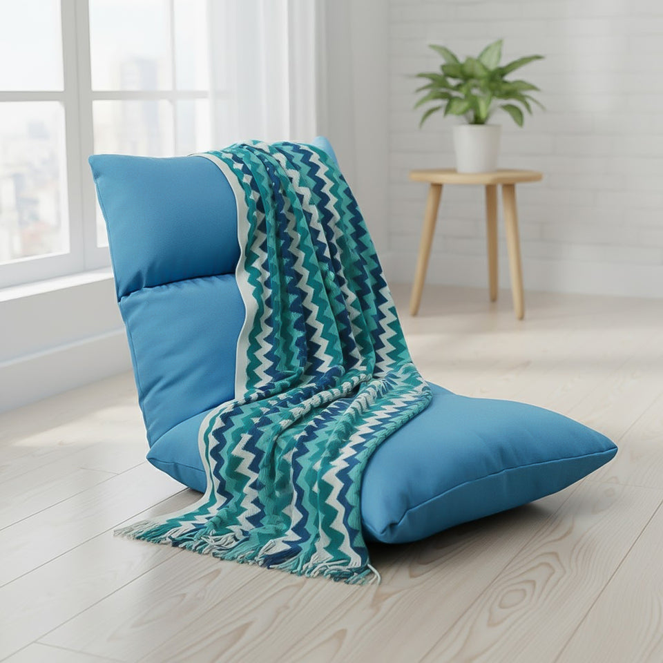 SOGA Home & Living Bundle – Blue Zigzag Knitted Throw Blanket & Blue Adjustable Floor Recliner