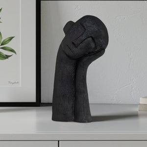 SOGA 38cm Black Minimalist Head Resin Sculpture with Hand at Side and Linear Texture for Home Decor