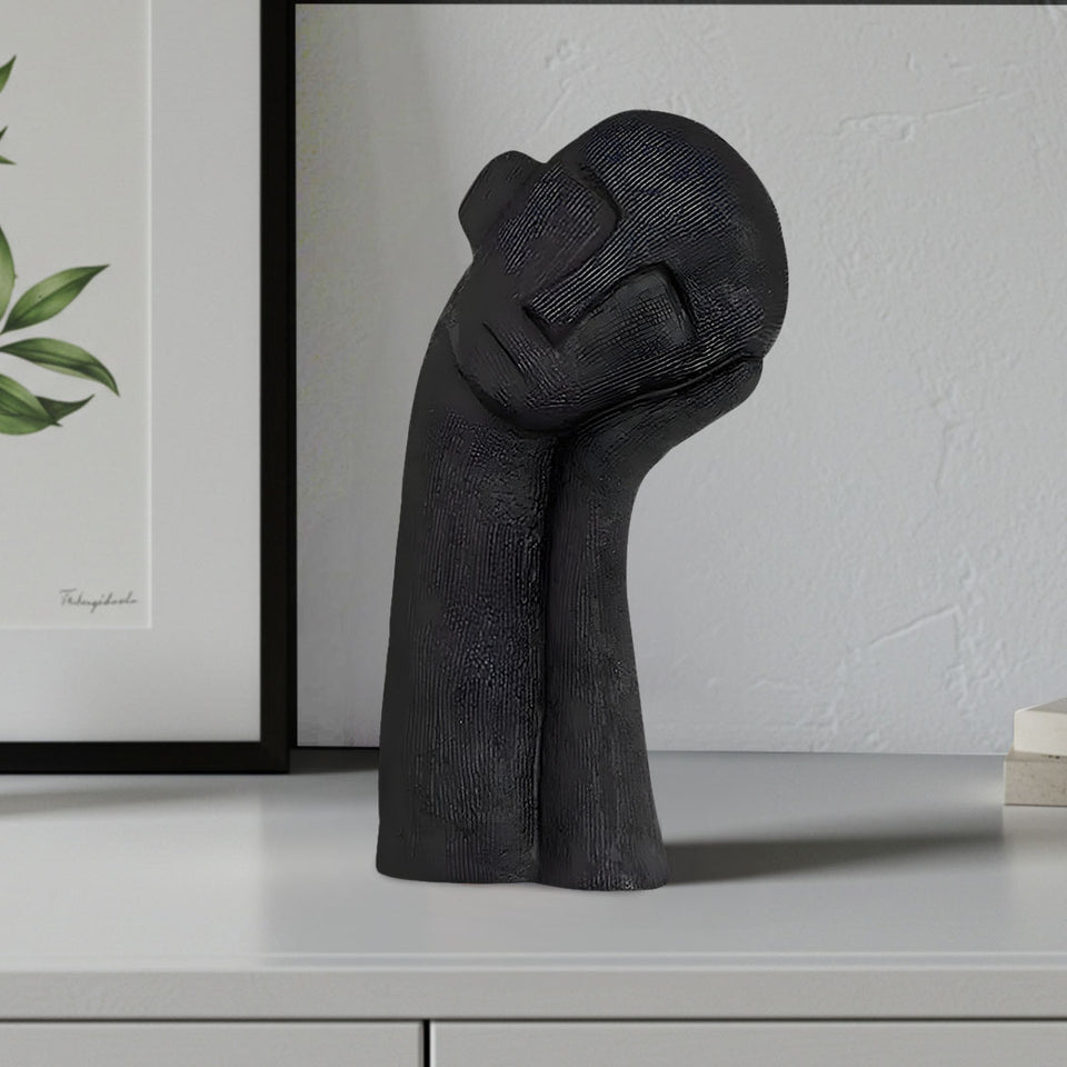 SOGA 38cm Black Minimalist Head Resin Sculpture with Hand at Side and Linear Texture for Home Decor