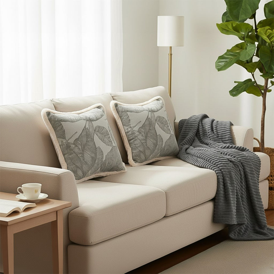 SOGA Home & Living Bundle – 2 Wabi-Sabi Embroidered Leaf Pillow & Grey Striped Throw Blanket