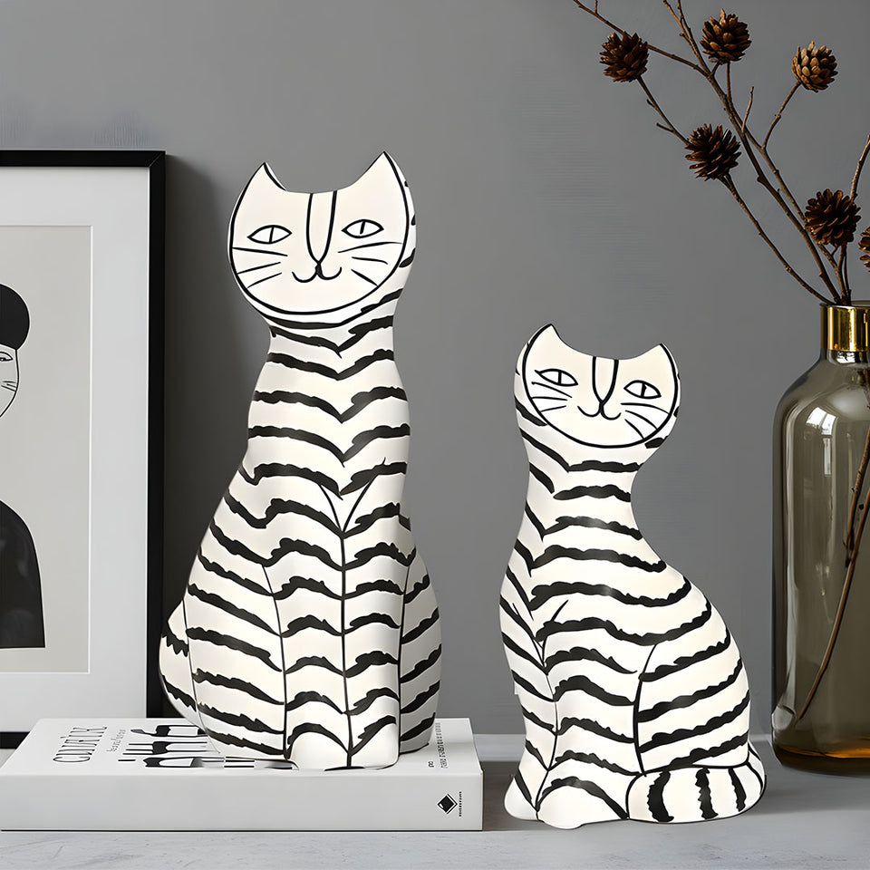 SOGA 22cm and 27cm Black & White Striped Cat Resin Sculptures for Stylish Home Decor