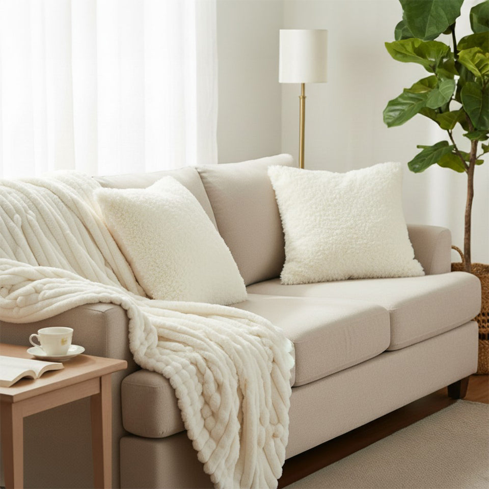 SOGA Home & Living Bundle – 2 White Rabbit Fur Pillow & Pearl White Velvet Throw Blanket