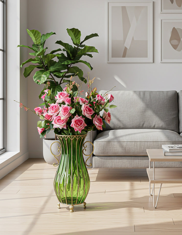 SOGA 51cm Green Glass Tall Floor Vase with 12pcs Pink Artificial Fake Flower Set