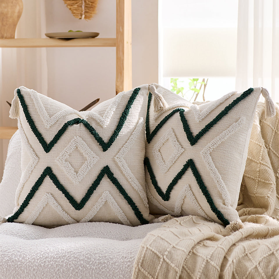 SOGA 2X Boho Tufted Cushion 45cm Tassel Beige Green Geometric Chevron Throw Pillow
