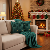 SOGA Christmas Bundle – 2 Teal Christmas Tree Pillow & Dark Green Cozy Striped Throw Blanket
