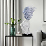 SOGA 86cm White Blue Winged Figure Sculpture with Marble Base