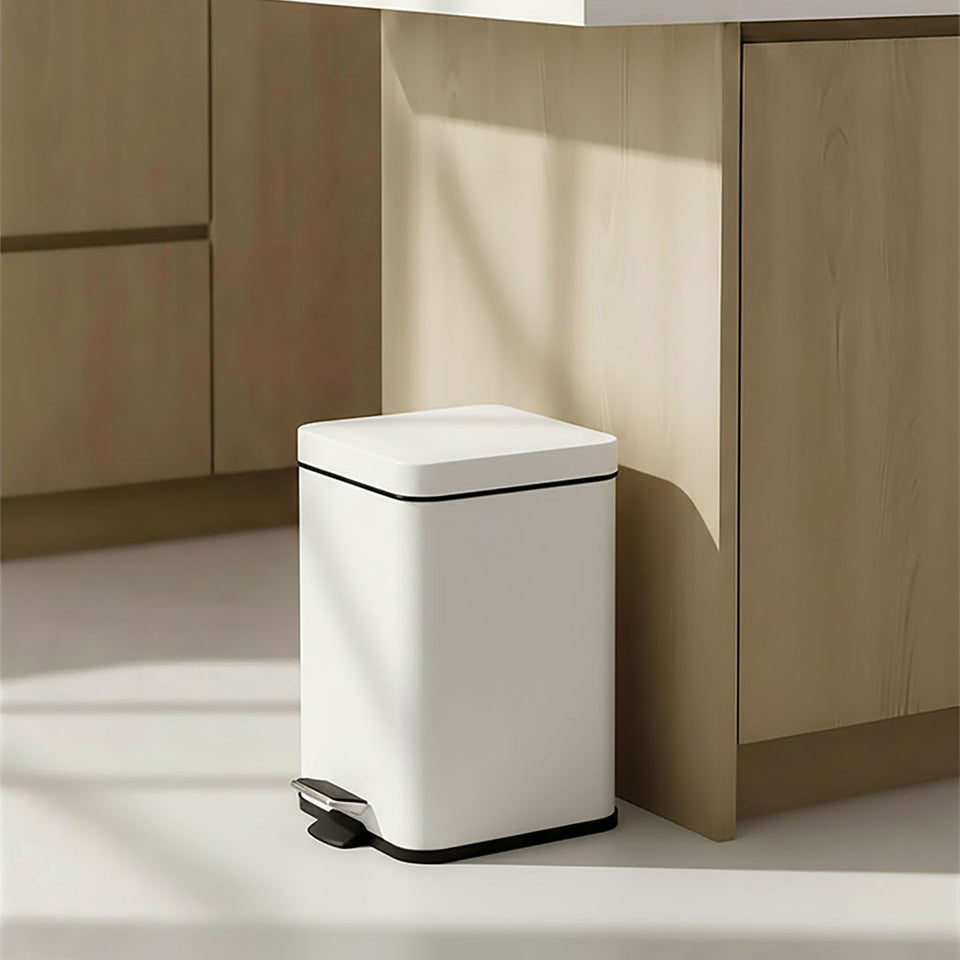 SOGA Foot Pedal Stainless Steel Square Trash Bin White 6L