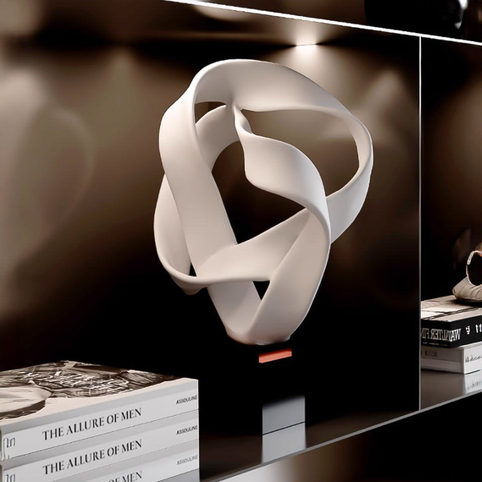 SOGA 41cm White Abstract Sculpture Loop-Inspired Art with Black Base for Home Decor