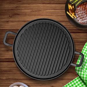 SOGA 2X 30cm Ribbed Cast Iron Frying Pan Skillet Coating Steak Sizzle Platter