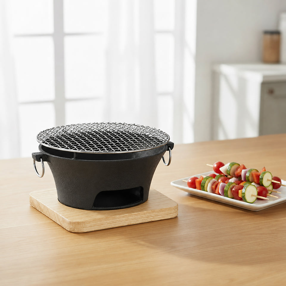 SOGA Large Cast Iron Round Stove Charcoal Table Net Grill Japanese Style BBQ Picnic Camping with Wooden Board