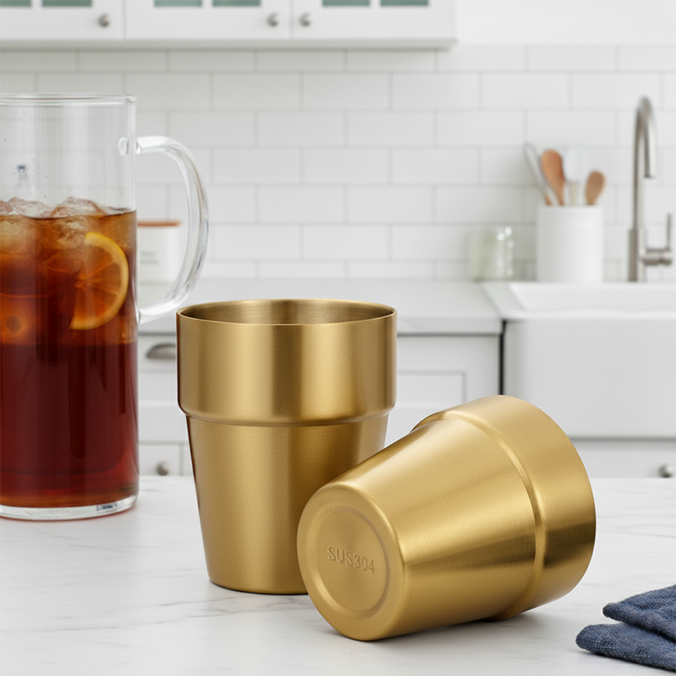 SOGA 260ml Stainless Steel Cups Set of 6 Reusable Durable Gold Drinking Tumblers