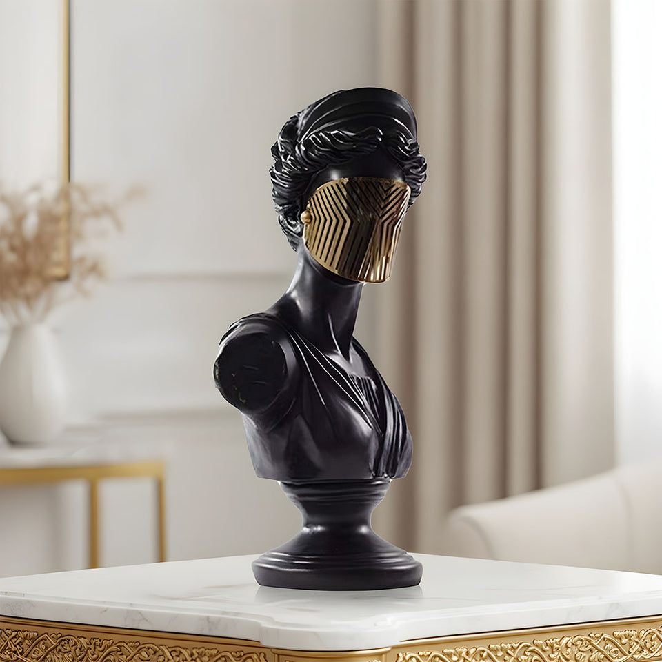 SOGA 40cm Black Classical Bust Sculpture Resin with Gold Striped Mask for Modern Home Decor