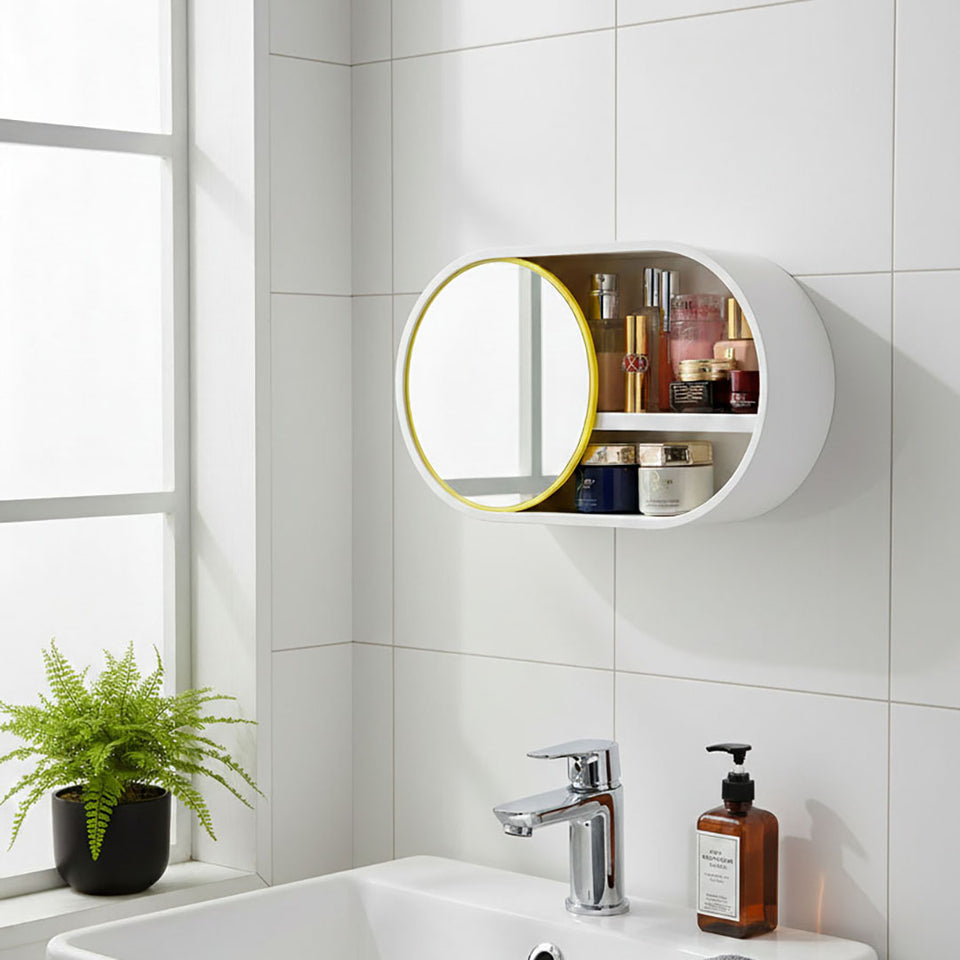 SOGA 2X 39cm Oval Wall-Mounted Mirror Storage Box Vanity Mirror Rack Bathroom Adhesive Shelf Home Organiser Deco