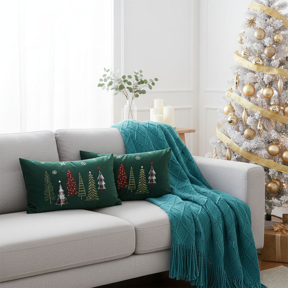 SOGA Christmas Bundle – 2 Dark Green Christmas Forest Lumbar Pillow & Teal Knitted Throw Blanket