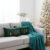 SOGA Christmas Bundle – 2 Dark Green Christmas Forest Lumbar Pillow & Teal Knitted Throw Blanket