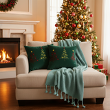 SOGA Christmas Bundle – 2 Green Embroidered Christmas Tree Pillow & Tassel Fringe Knitted Blanket