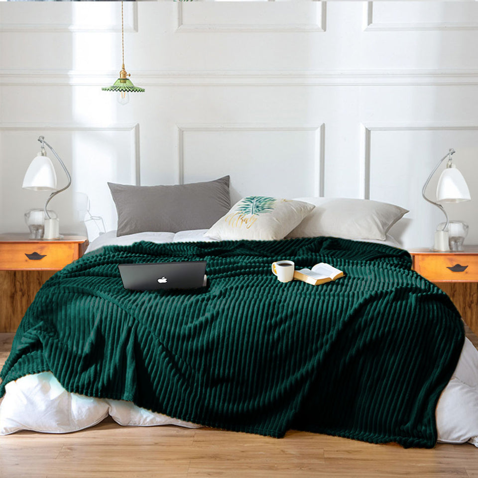 SOGA 2X Dark GreenThrow Blanket Warm Cozy Striped Pattern Thin Flannel Coverlet Fleece Bed Sofa Comforter