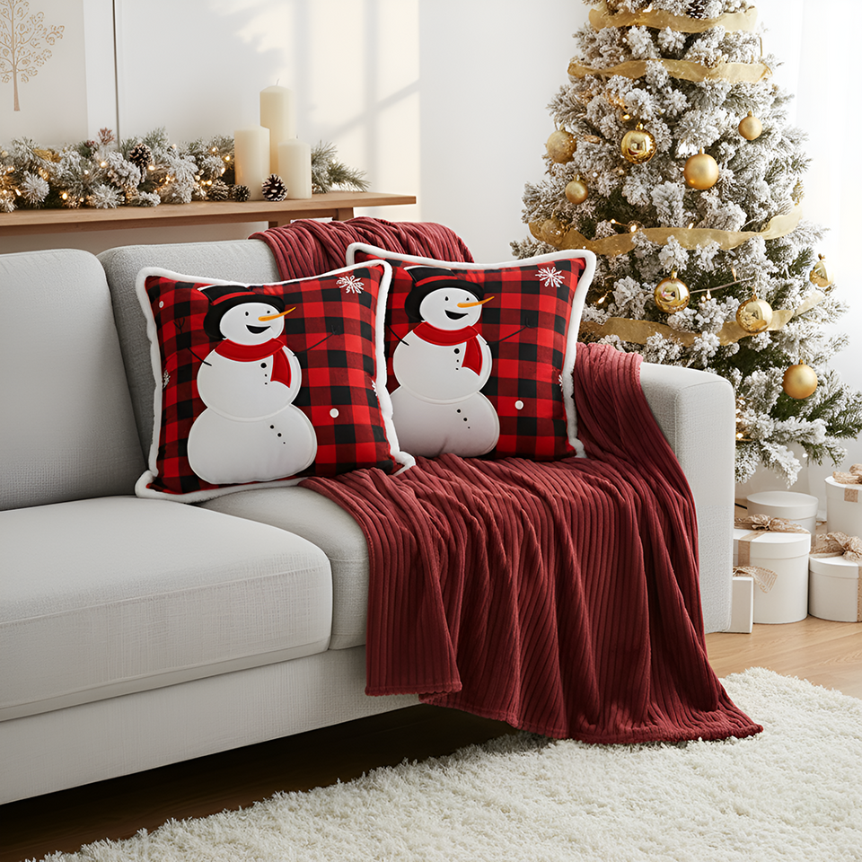 SOGA Christmas Bundle – 2 Red Snowman Holiday Pillow & Burgundy Striped Cozy Throw Blanket