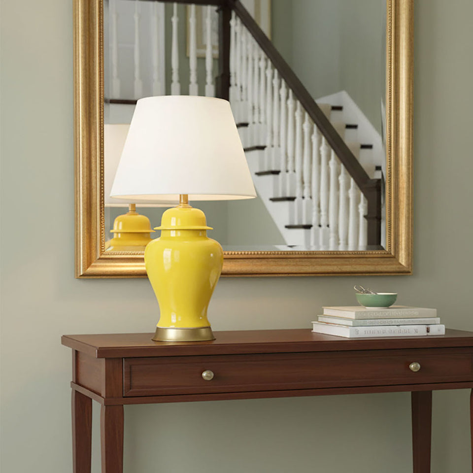 SOGA Oval Ceramic Table Lamp with Gold Metal Base Desk Lamp Yellow