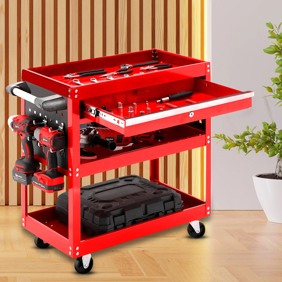 SOGA 3-Tier Red Tool Storage Cart with Drawer & Hooks