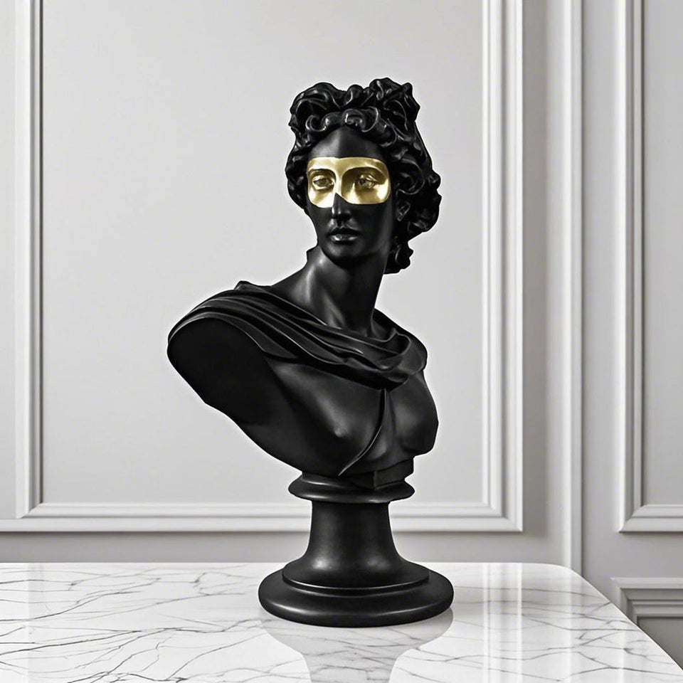 SOGA 40cm Black Classical Bust Resin Sculpture with Gold Eye Mask for Modern Home Decor