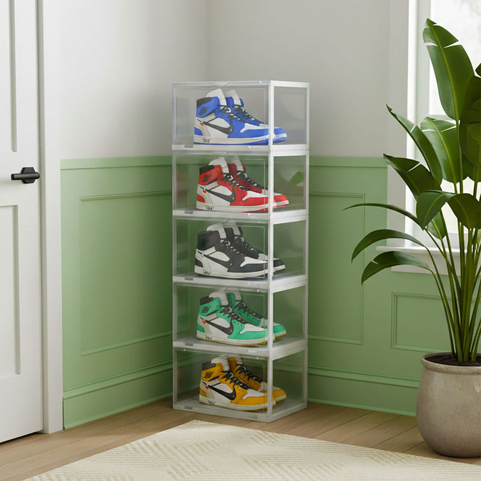 SOGA 5 Tier Transparent Portable Shoe Organiser Sneaker Footwear Folding Plastic Bin Stackable Storage Box with Magnetic Door