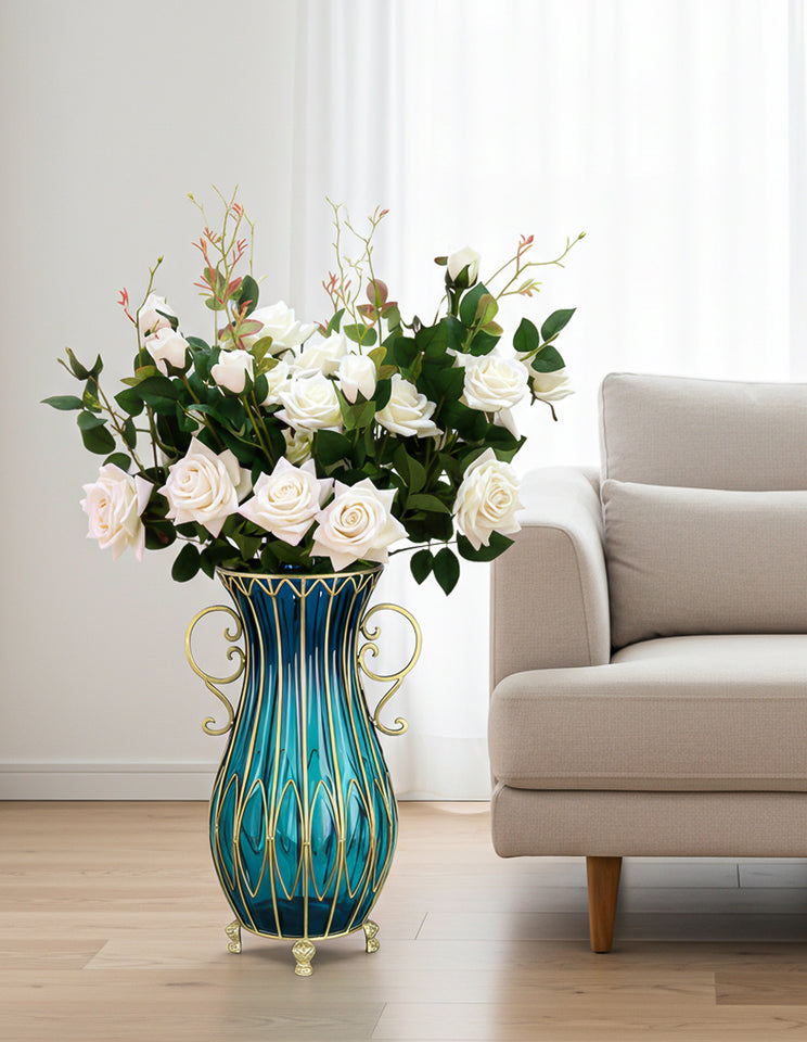 SOGA 51cm Blue Glass Tall Floor Vase with 12pcs White Artificial Fake Flower Set