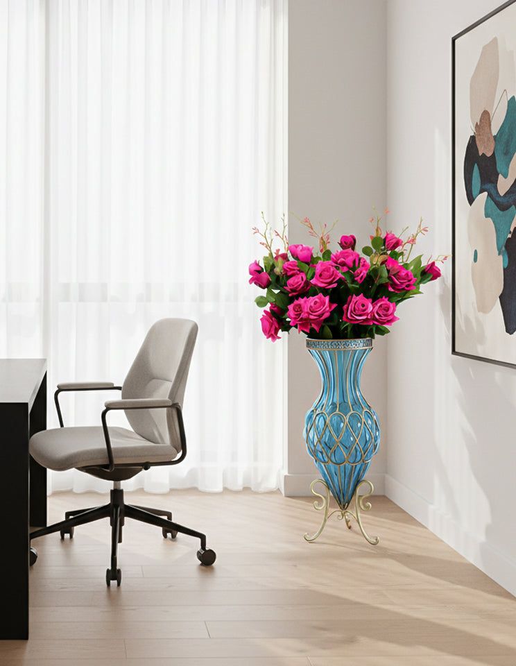 SOGA 67cm Blue Glass Tall Floor Vase and 12pcs Dark Pink Artificial Fake Flower Set
