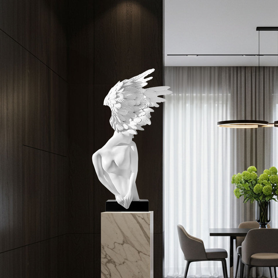 SOGA 86cm Modern White Winged Figure Sculpture with Artificial Marble Base for Home Decor