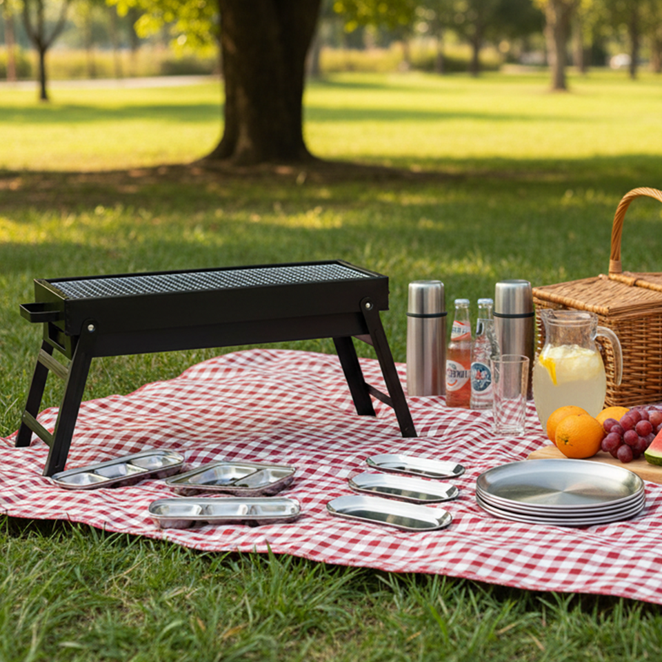 SOGA Kitchenware Bundle – Portable Charcoal Grill, Silver Grilling Plate, Nordic Plate & Sauce Pan