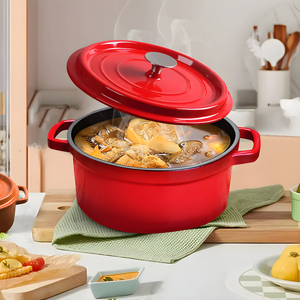 SOGA 2X Cast Iron 24cm Enamel Porcelain Stewpot Casserole Stew Cooking Pot With Lid Red