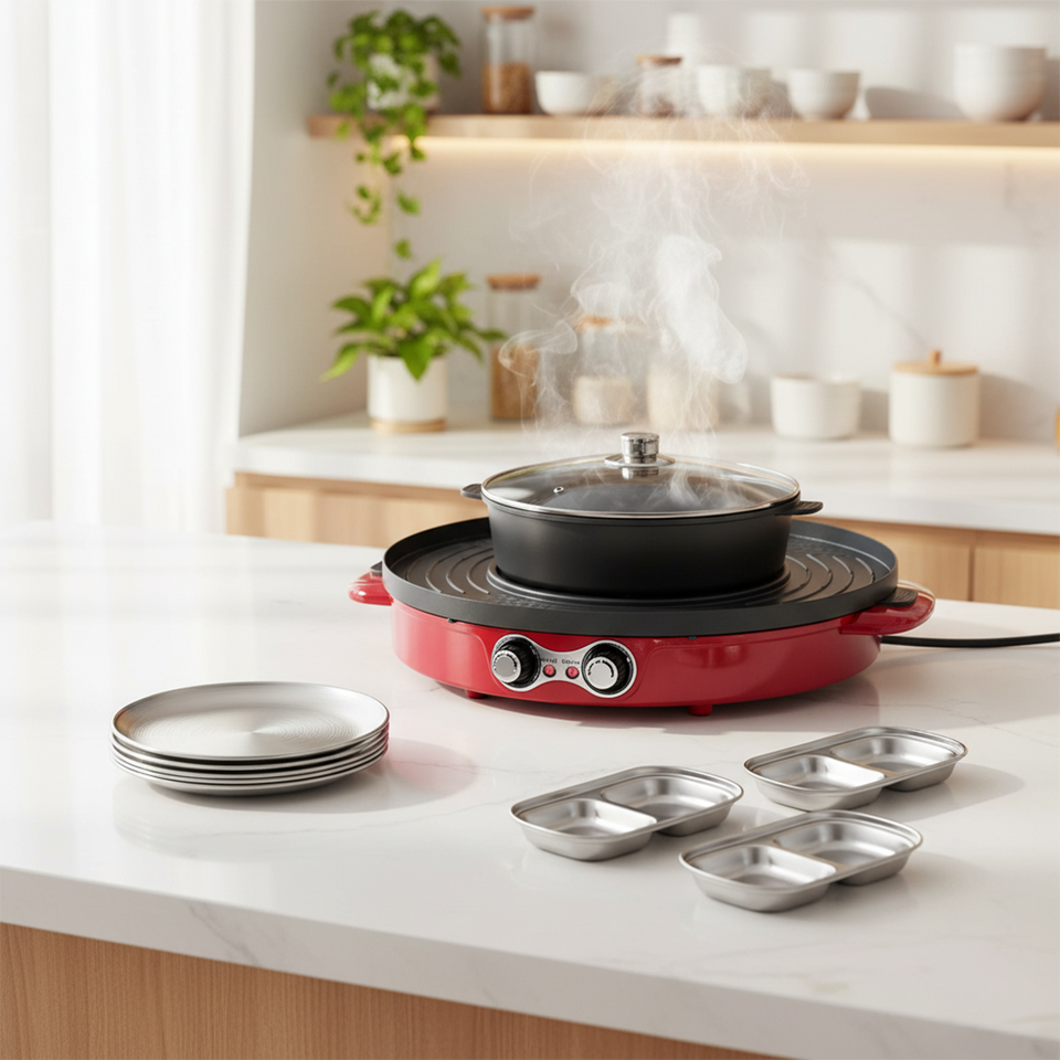 SOGA Kitchenware Bundle – 2-in-1 Electric Hot Pot BBQ Grill with Silver Grilling Plate & Sauce Pan