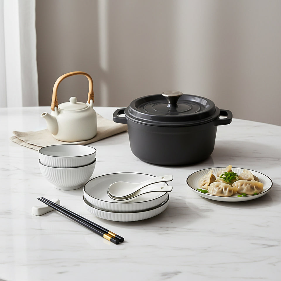 SOGA Kitchenware Bundle – White Japanese Ceramic Dinnerware Set & Black Cast Iron Stewpot