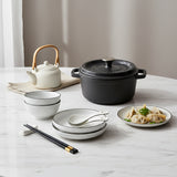 SOGA Kitchenware Bundle – White Japanese Ceramic Dinnerware Set & Black Cast Iron Stewpot