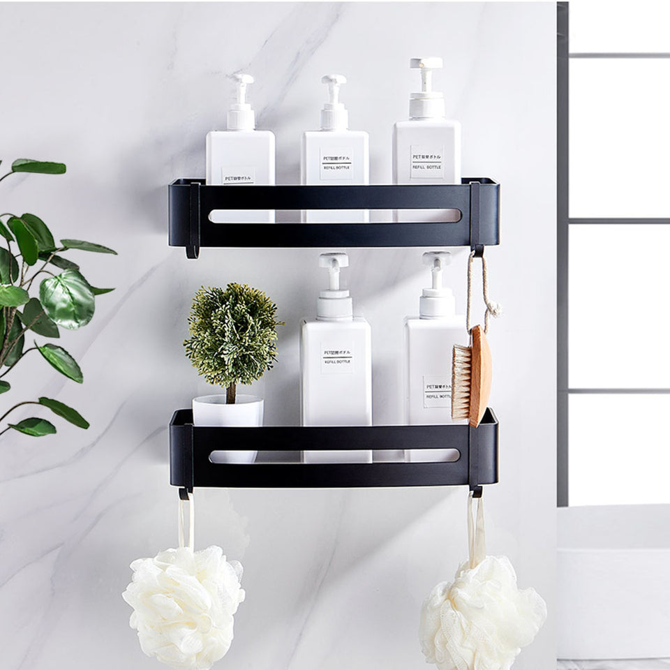 SOGA Black Wall-Mounted Rectangular Bathroom Storage Organiser Space Saving Adhesive Shelf Rack with Hooks