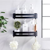SOGA Black Wall-Mounted Rectangular Bathroom Storage Organiser Space Saving Adhesive Shelf Rack with Hooks