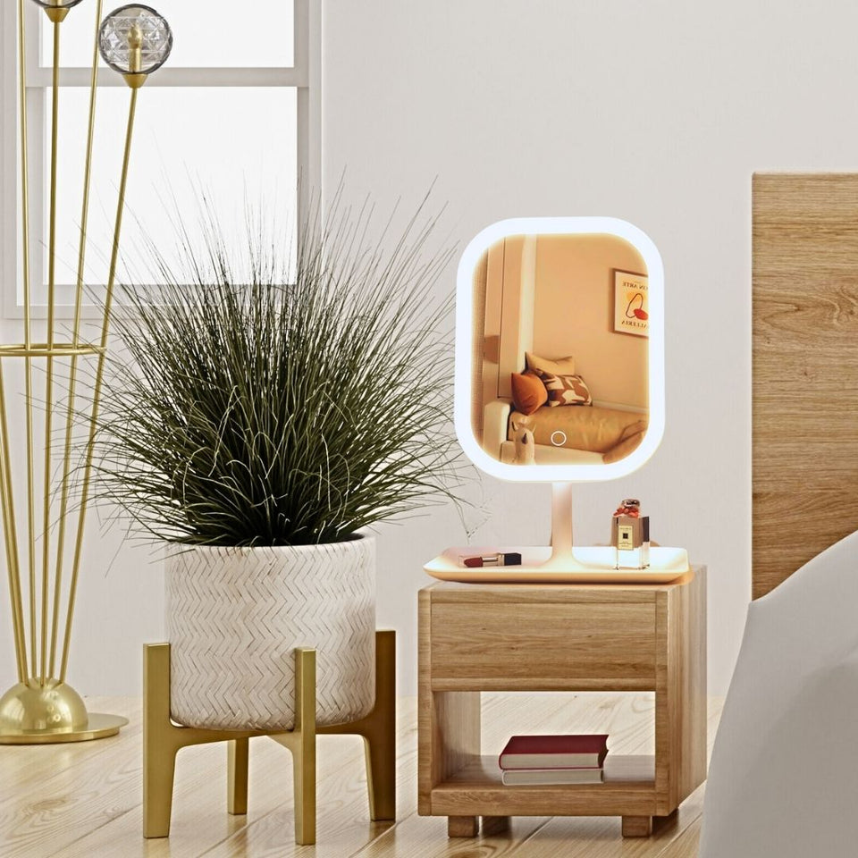 SOGA 26cm White Squared Smart LED Makeup Bedroom Table Vanity Mirror Tricolor Adjustable Light w/ 5x Magnification