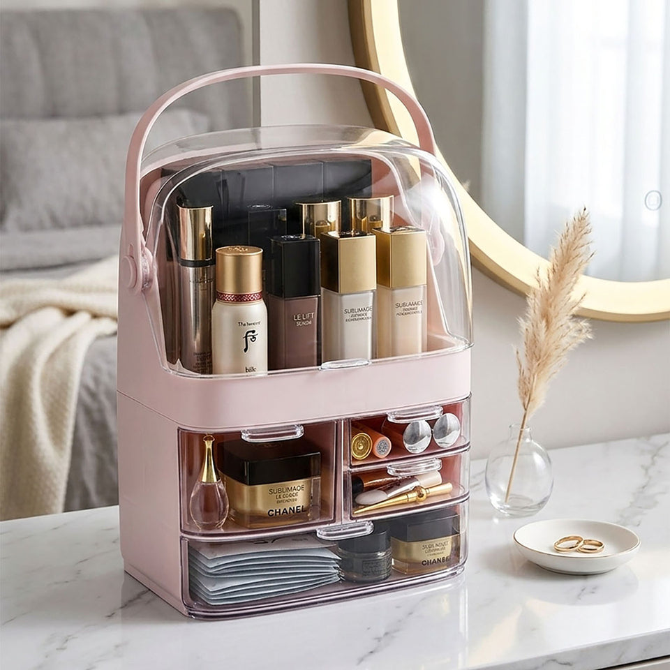 SOGA 2X 3 Tier Pink Countertop Makeup Cosmetic Storage Organiser Skincare Holder Jewelry Storage Box with Handle