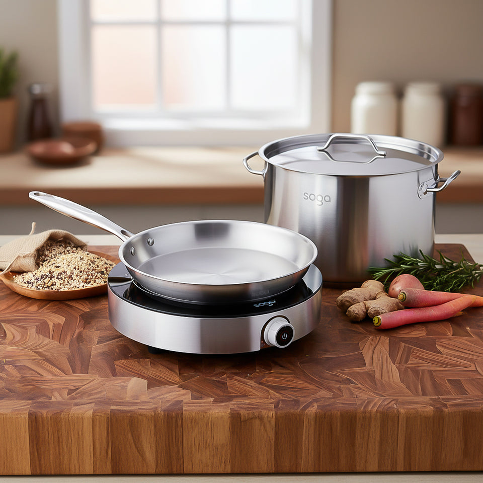 SOGA Kitchenware Bundle – 26cm Smart Induction Cooktop, Stainless Fry Pan & 9L Stock Pot