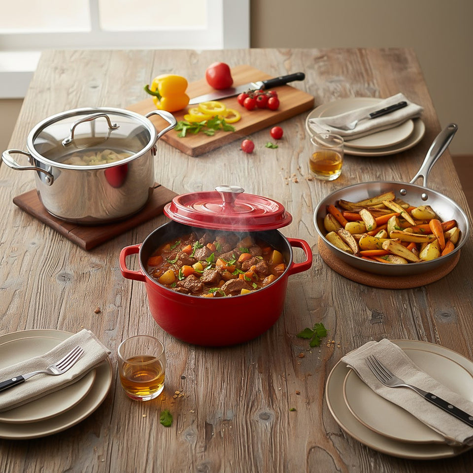 SOGA Kitchenware Bundle – Red Enamel Stewpot, Stainless Steel Fry Pan & Soup Stockpot