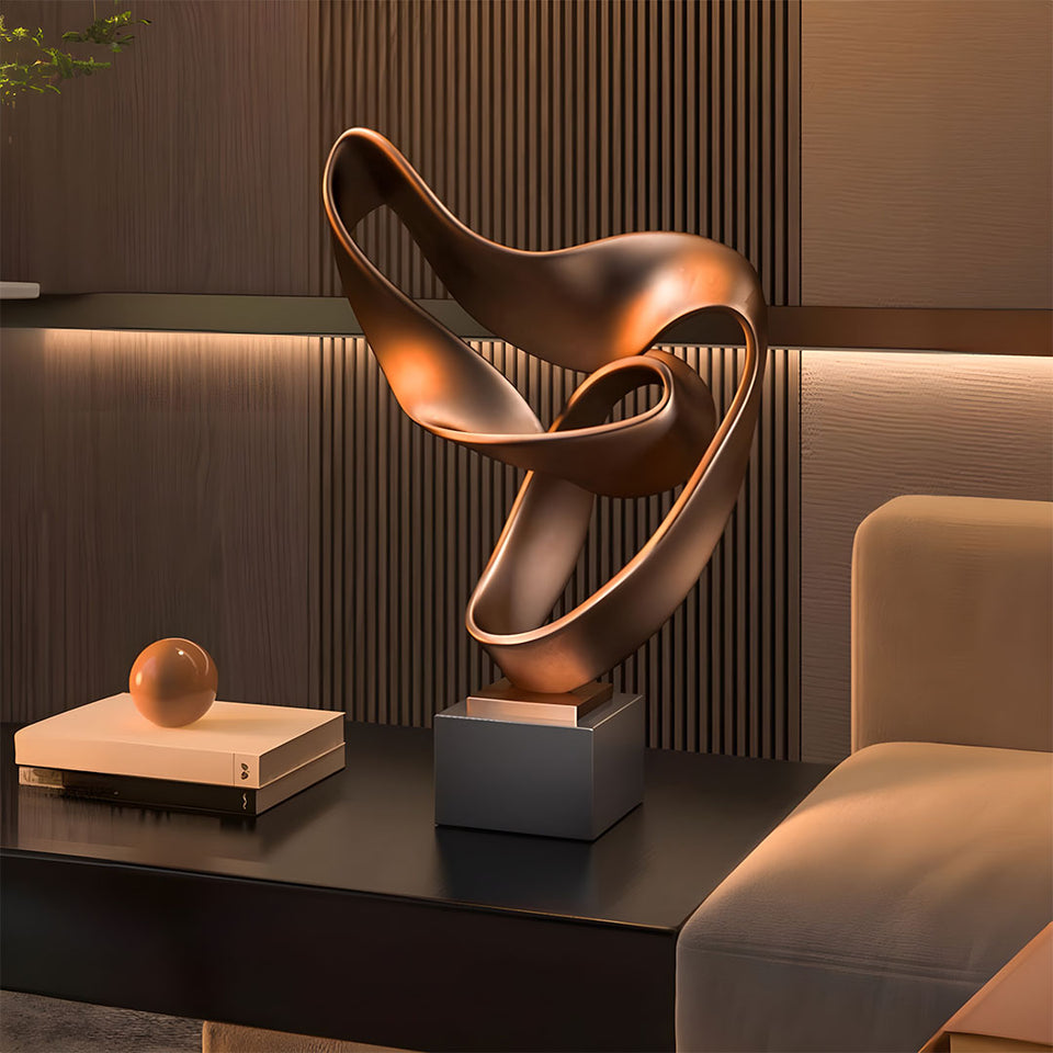 SOGA 45cm Bronze Abstract Sculpture Modern Ribbon Art with Black Base for Home Decor