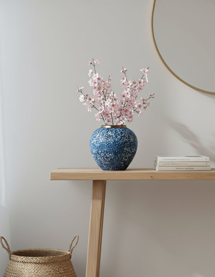SOGA 21x22cm Blue with White Mini Floral Small Ceramic Flower Vase Elegant Living Room Home Decor