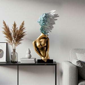 SOGA 86cm Modern Gold Bronze Winged Figure Sculpture with Artificial Marble Base for Home Decor