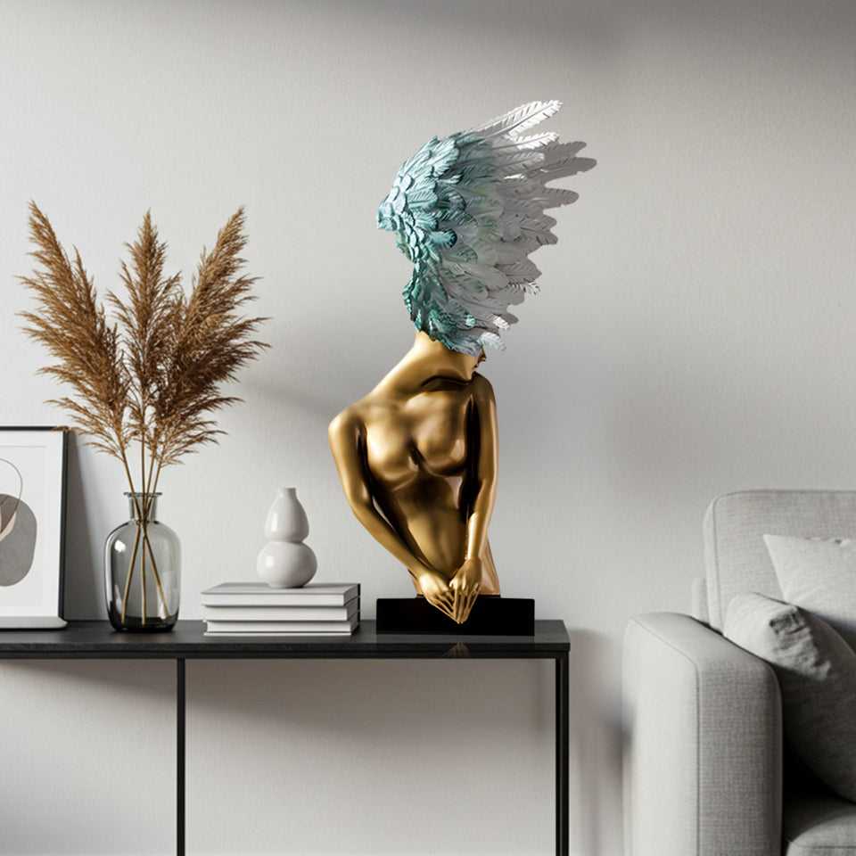 SOGA 86cm Modern Gold Bronze Winged Figure Sculpture with Artificial Marble Base for Home Decor