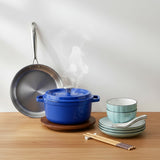 SOGA Kitchenware Bundle – Blue Enamel Stewpot, Stainless Steel Fry Pan & Ceramic Dinnerware Set