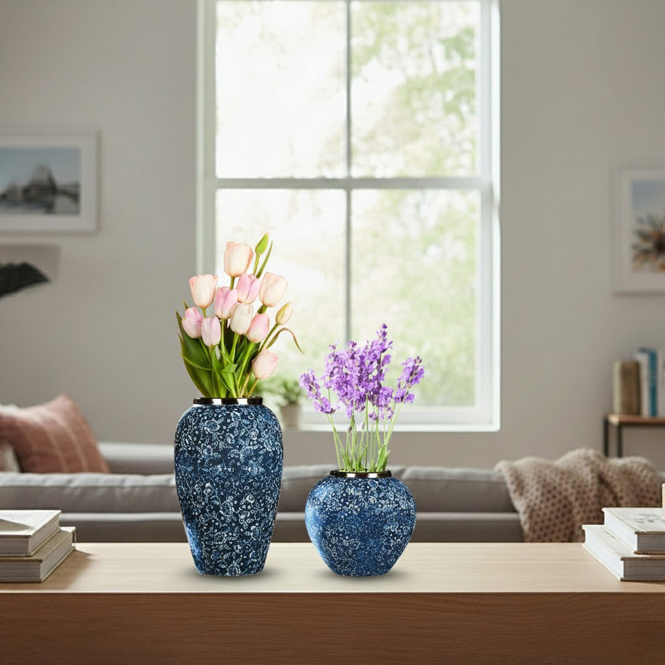 SOGA Home & Living Bundle – Blue with White Mini Floral Ceramic Vases for Elegant Home Decor